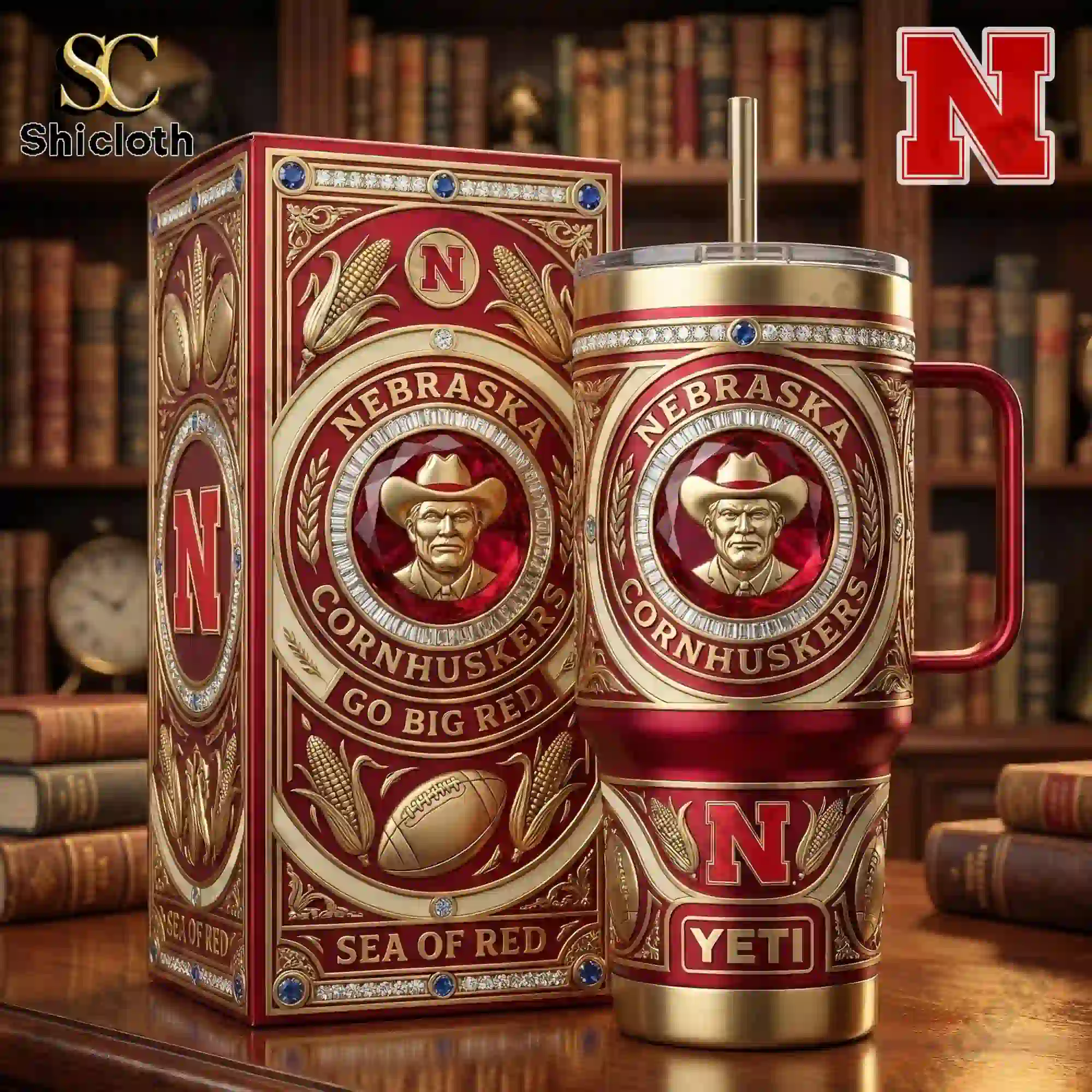 Nebraska Cornhuskers tumbler with handle displayed beside matching gift box!