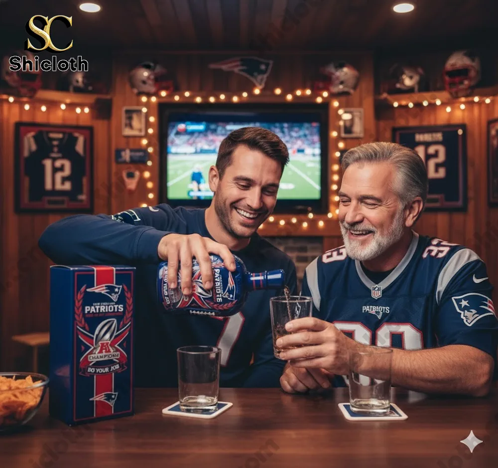 Two men in Patriots jerseys pouring a Patriots themed liquor bottle in a sports bar room!