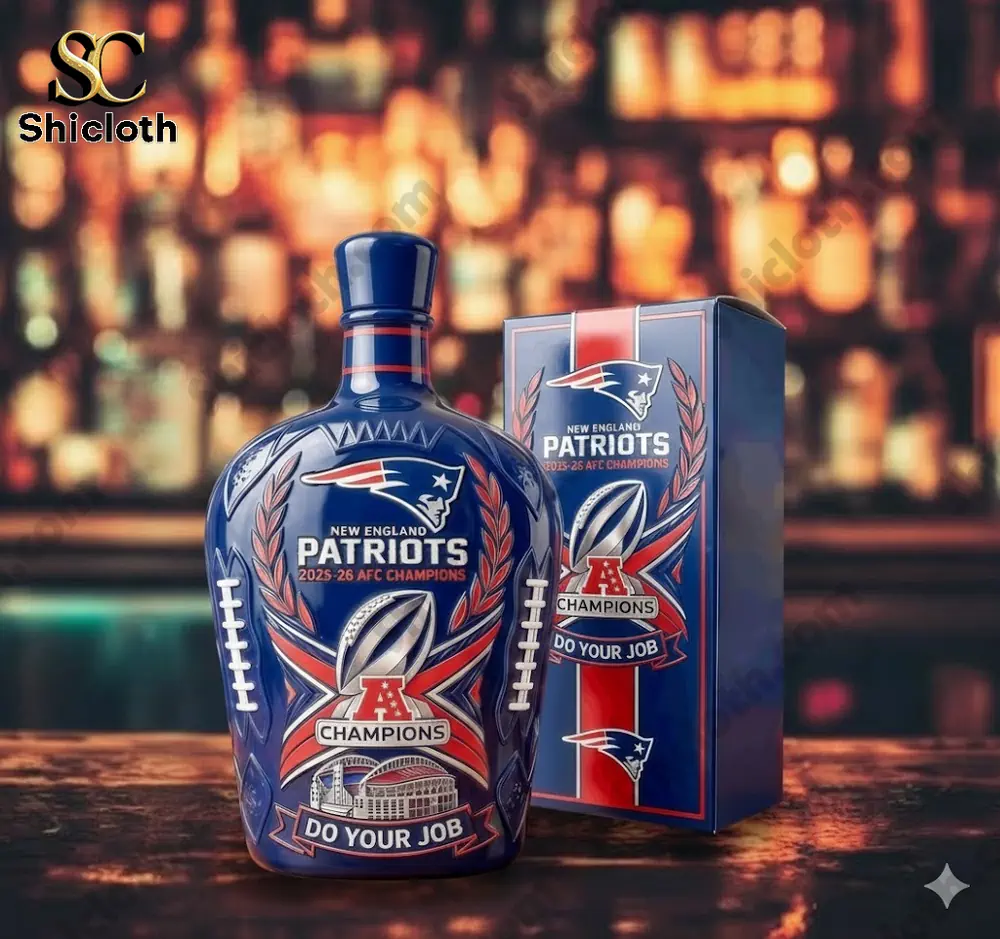 New England Patriots themed liquor bottle with matching gift box displayed on a bar table!