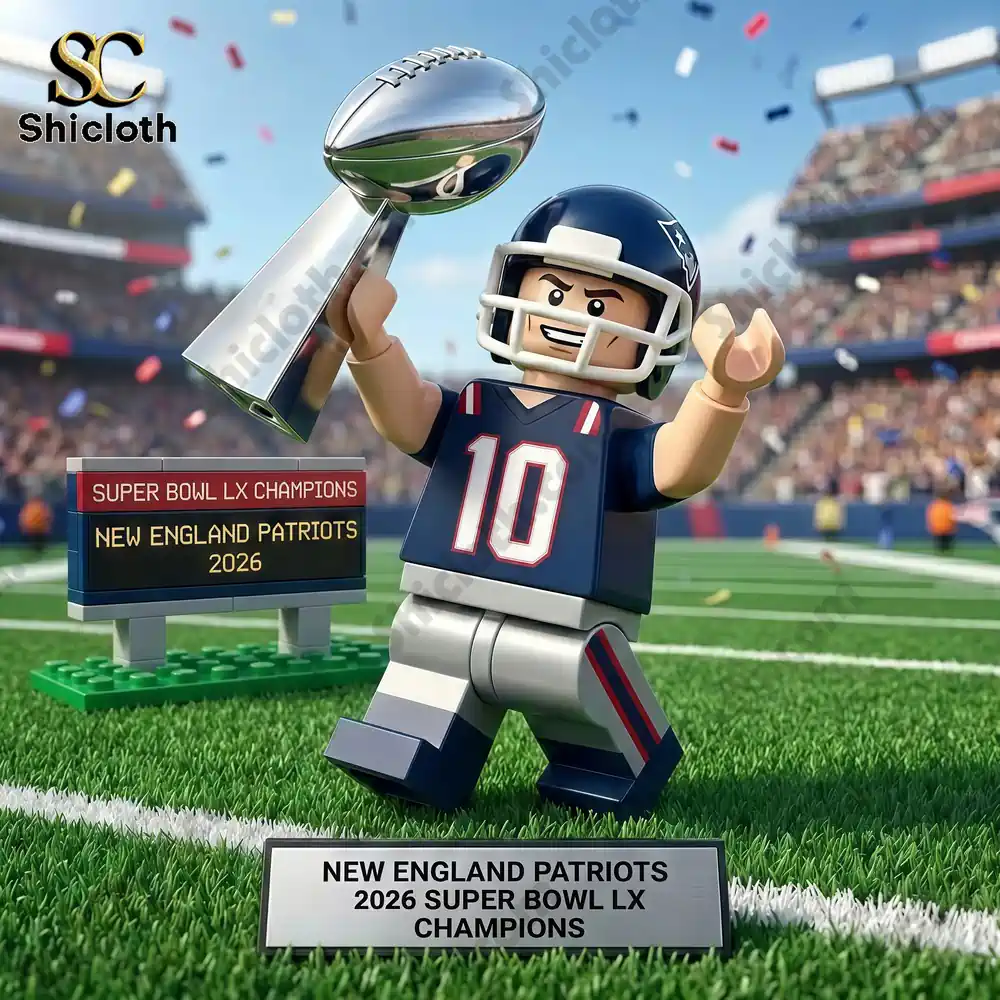 Toy style football player holding Super Bowl trophy with New England Patriots 2026 champions sign.