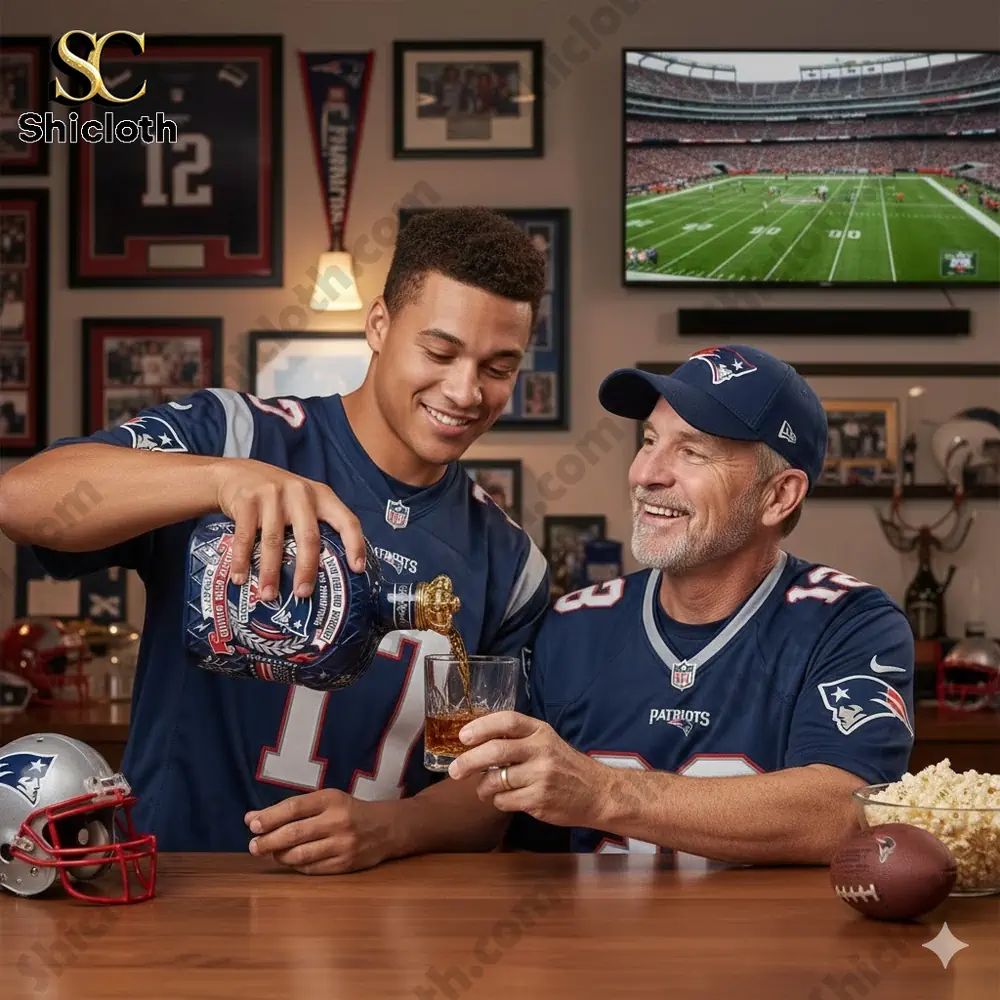 The New England Patriots AFC Champions Super Bowl Bound Dynasty Whiskey Bottle is the ultimate centerpiece for any die-hard fan's collection. Combining a deep passion for the gridiron with the refined world of premium spirits, this decanter serves as a timeless tribute to the Patriots' historic dominance. Based on our expertise in curated sports memorabilia, we have ensured that every element reflects the prestige of the franchise, making it a sophisticated addition to your home bar or office. ### Exquisite Craftsmanship of the New England Patriots AFC Champions Super Bowl Bound Dynasty Whiskey Bottle The bottle's design is a masterclass in detail, featuring a deep navy blue finish that mirrors the team’s official colors. Crafted from **high-quality thick glass**, the body boasts a distinctive diamond-textured pattern that provides a secure, premium feel in hand. The centerpiece is the iconic "Flying Elvis" logo, framed by intricate silver laurel wreaths and vibrant red flame motifs. Bold banners displaying "AFC Champions" and "Super Bowl Bound" are positioned precisely to commemorate the team's path to glory. You will also find **embossed American flag details** and the AFC logo on the sides, ensuring the bottle looks stunning from every angle. ### Iconic Stopper Options for the New England Patriots AFC Champions Super Bowl Bound Dynasty Whiskey Bottle What truly sets this collector's item apart is the variety of specialized stoppers that allow you to match your favorite spirit's identity. You can choose the **luxurious gold Crown Royal stopper**, the classic black Jack Daniel’s cap, the bold red Maker’s Mark style, or the highly sought-after **Blanton’s horse and jockey stopper**. For those who prefer Irish spirit, a green Jameson-style cap is also available. These stoppers are not just decorative; they provide an **airtight seal** to preserve the complex notes of your whiskey, wine, or cocktails. This versatility makes it the perfect gift for housewarmings, birthdays, or Christmas celebrations for any football enthusiast. ### Elevate Your Space with the New England Patriots AFC Champions Super Bowl Bound Dynasty Whiskey Bottle Owning this bottle is about more than just storage; it’s about reliving the "Dynasty" era every time you pour a glass. It fits perfectly into a classic home aesthetic and serves as an immediate conversation starter for guests. For the best experience, we recommend hand-washing with warm water to maintain the integrity of the embossed graphics. When you purchase from Shicloth Shop, you are choosing a partner dedicated to authenticity and high-quality craftsmanship, ensuring your memorabilia lasts for generations. Two New England Patriots fans pouring a drink while watching a football game at home.