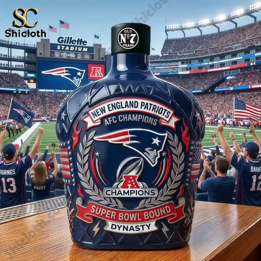 A Patriots themed bottle with an Old No 7 cap displayed in front of Gillette Stadium.