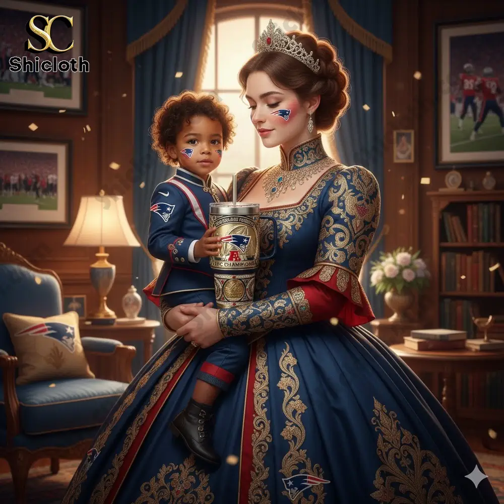 Royal mother holding child with New England Patriots themed tumbler!