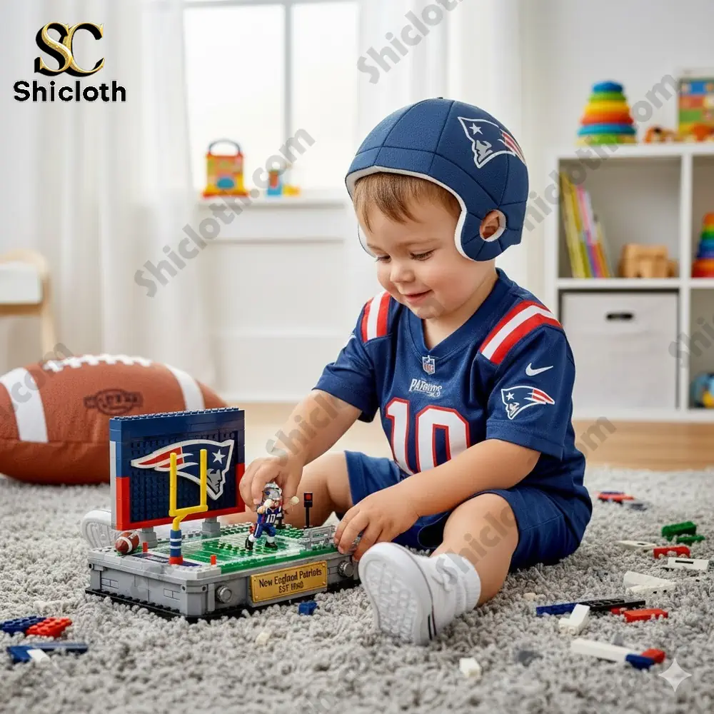 Toddler wearing a Patriots outfit playing with a New England Patriots building block football display set.