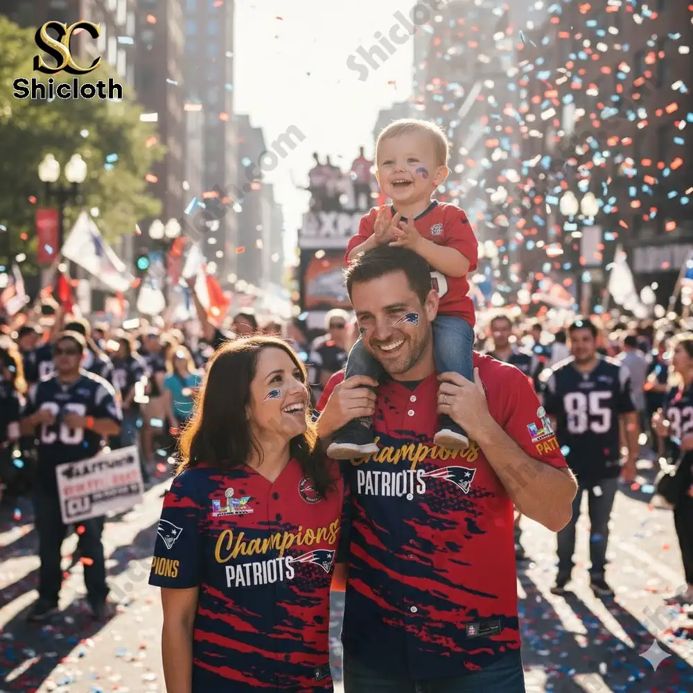 Family wearing Patriots Champions jerseys celebrating in a confetti filled street parade scene.