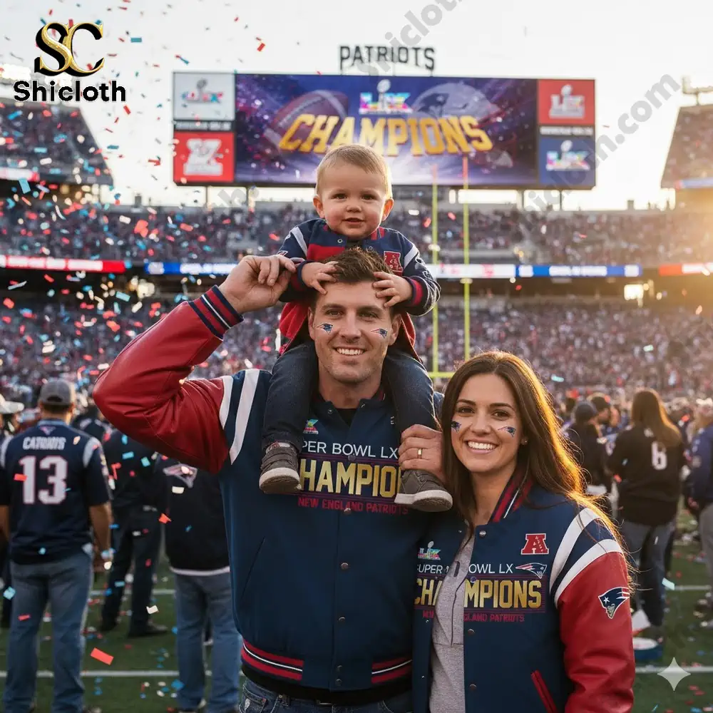 A family celebrating New England Patriots champions on the football field with confetti.