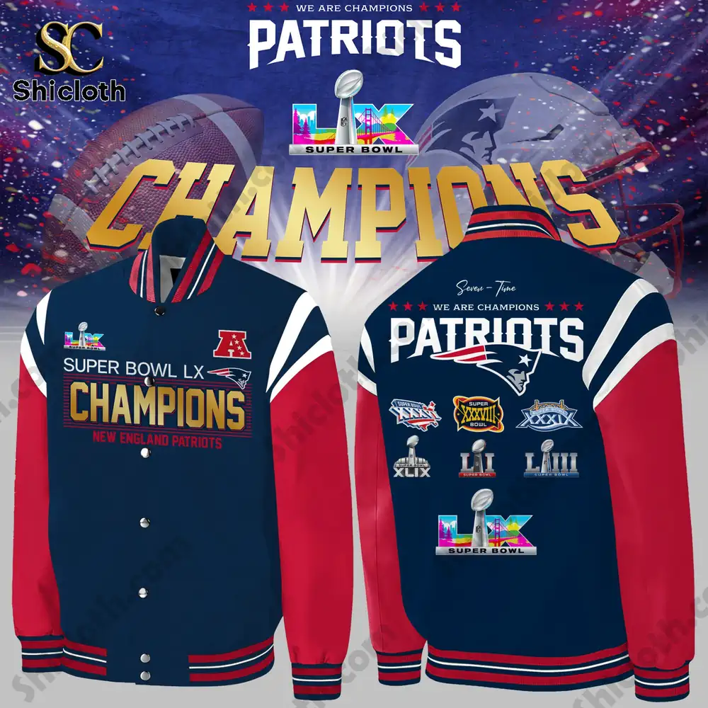 Patriots Super Bowl LX Champions varsity jacket shown front and back view.