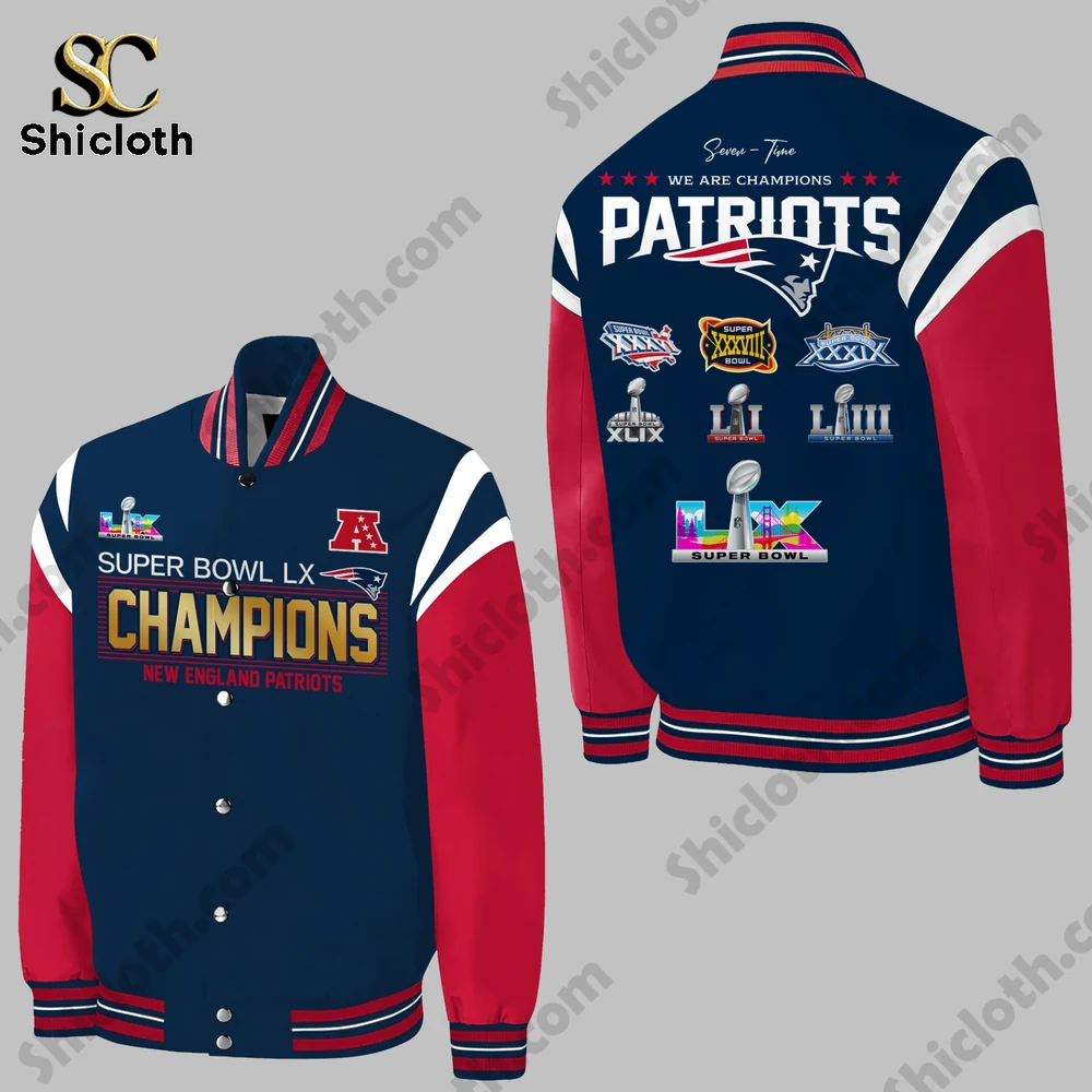 New England Patriots Champions Super Bowl LX 2026 Bomber Jacket 3 Patriots champions varsity jacket with trophy logos shown in front and back view.