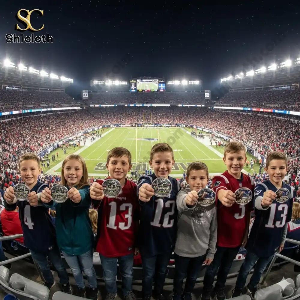 Children holding Patriots collectible coins at a packed football stadium!