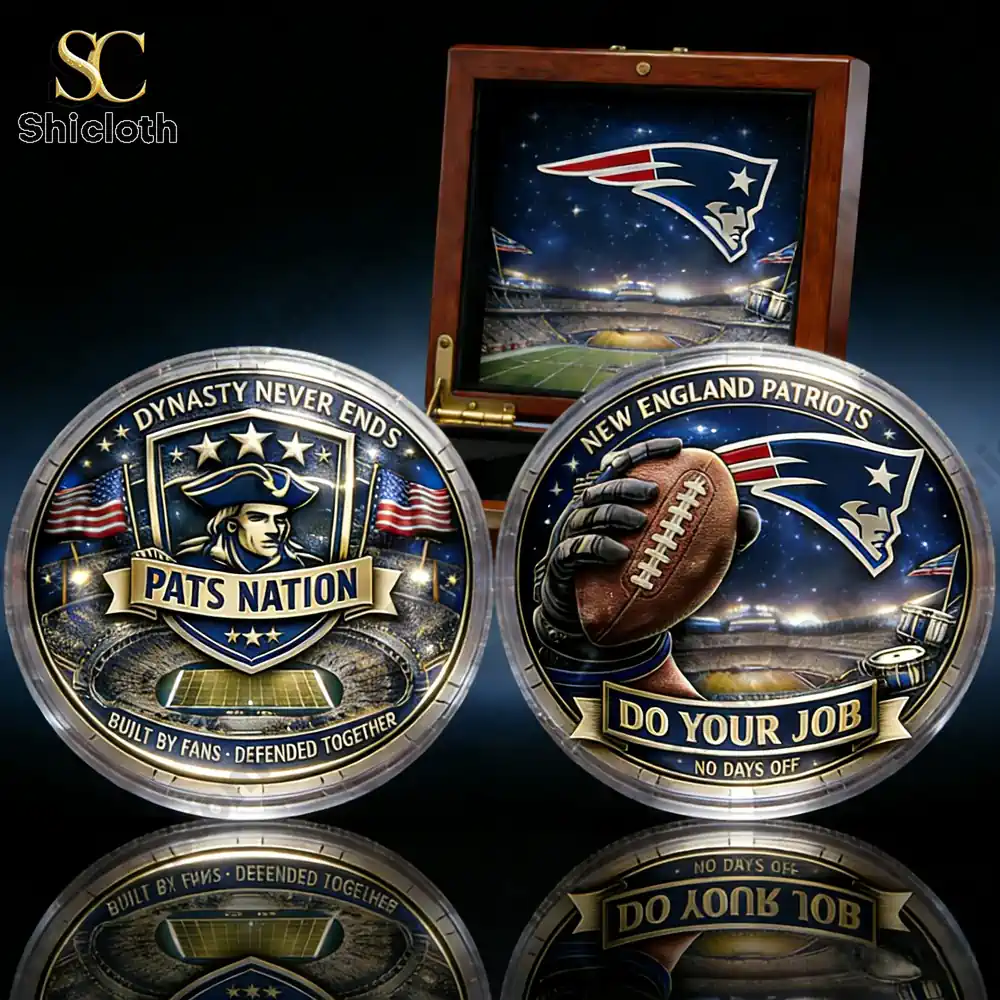 Patriots collectible coins displayed with a wooden gift box!