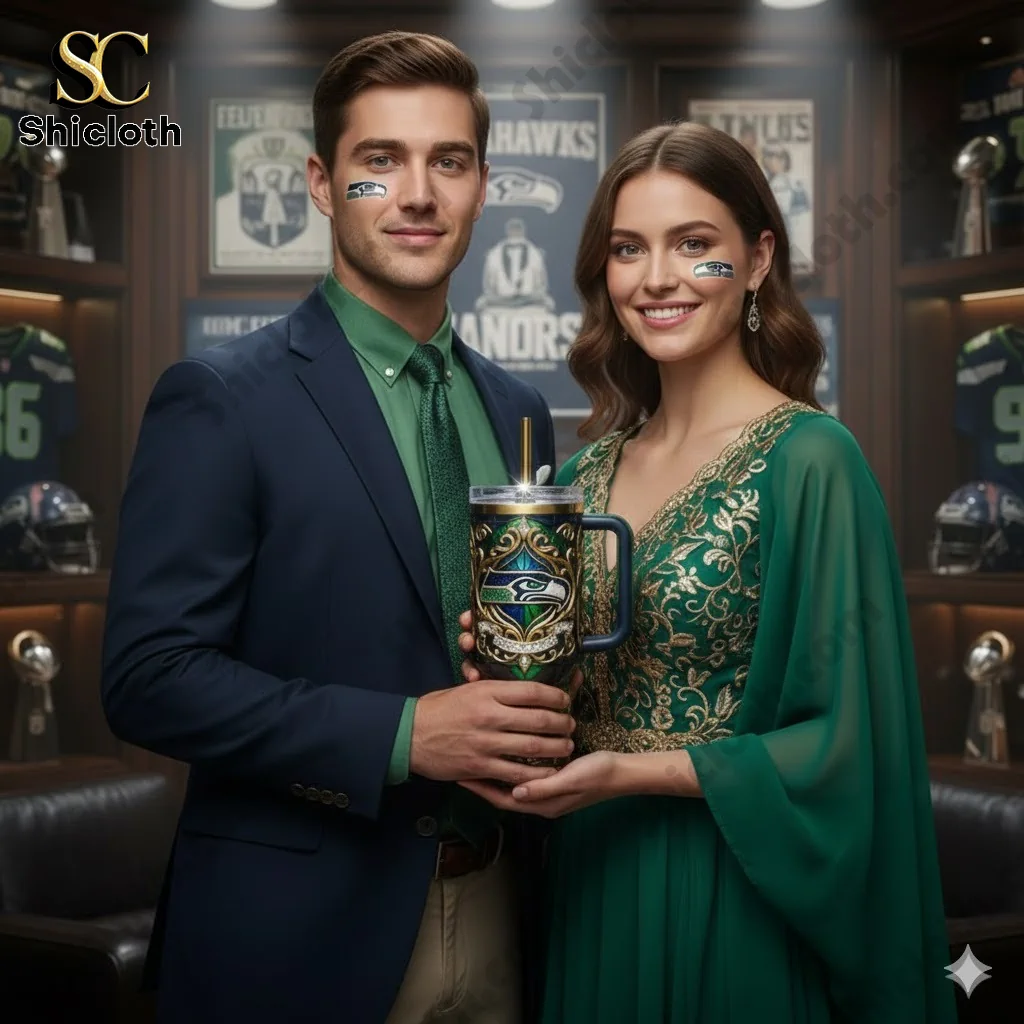 Oregon Ducks 131st Anniversary Tribute Tumbler 63 Couple holding a Seattle Seahawks themed luxury tumbler in a sports trophy room!