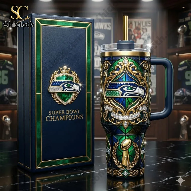Seattle Seahawks luxury tumbler with Super Bowl Champions gift box on display!