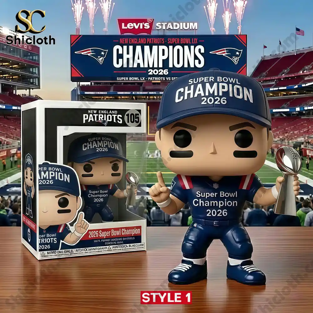 Patriots champion figure wearing a Super Bowl Champion 2026 cap holding a trophy in front of a stadium scoreboard.