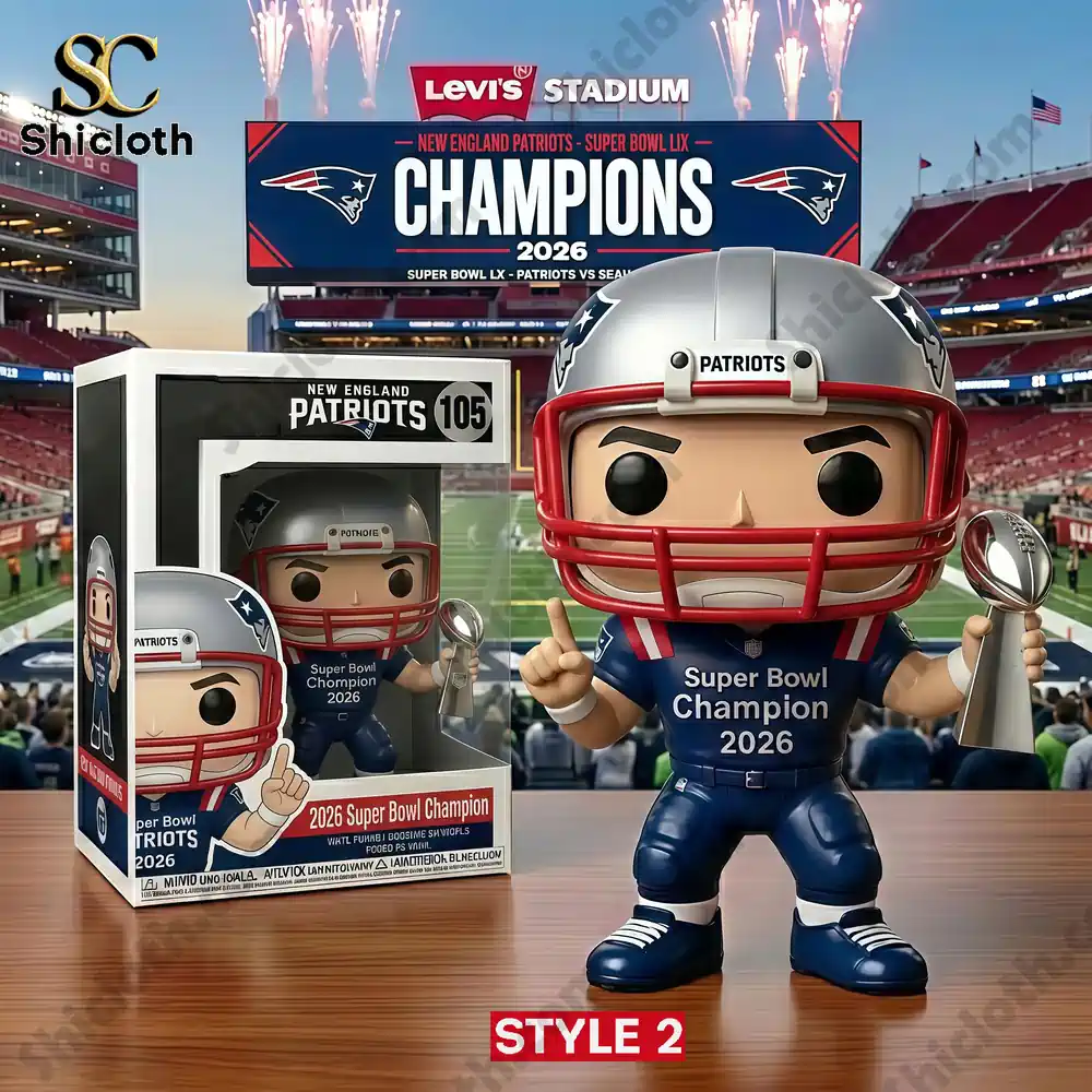 Patriots champion figure wearing a football helmet holding a trophy in front of a stadium champions scoreboard.