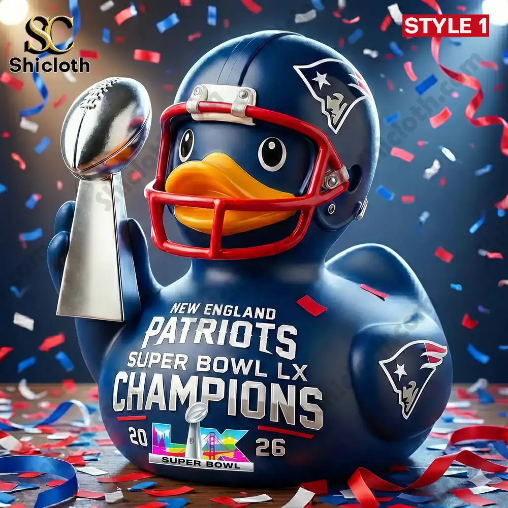 Patriots themed rubber duck wearing a football helmet and holding a trophy with confetti.