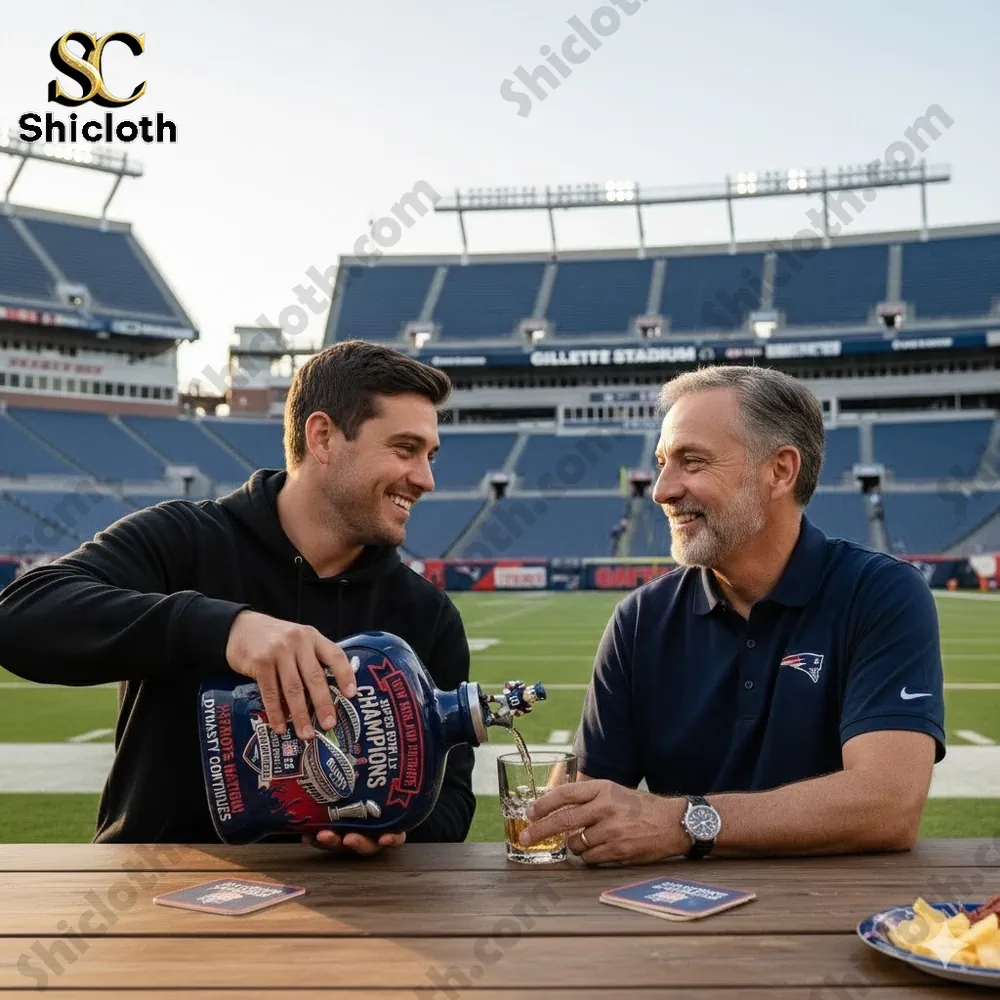 Two men pouring a drink from a Patriots themed championship bottle at Gillette Stadium!