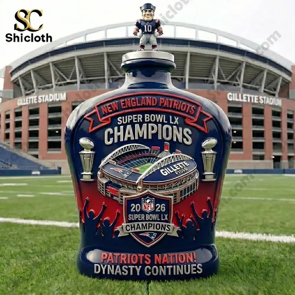 Patriots Super Bowl LX Champions bottle displayed on the field at Gillette Stadium!
