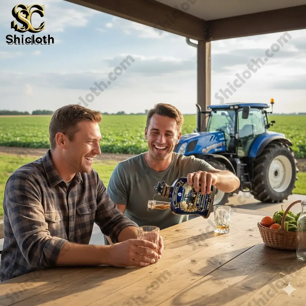 Two farmers enjoying whiskey with a New Holland 8870 anniversary bottle at a farm table!