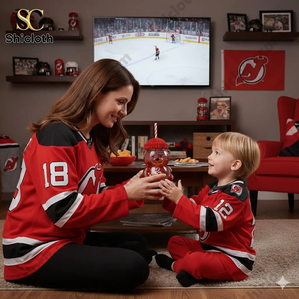 Mother and child in New Jersey Devils jerseys holding a bear shaped anniversary tumbler while watching hockey.
