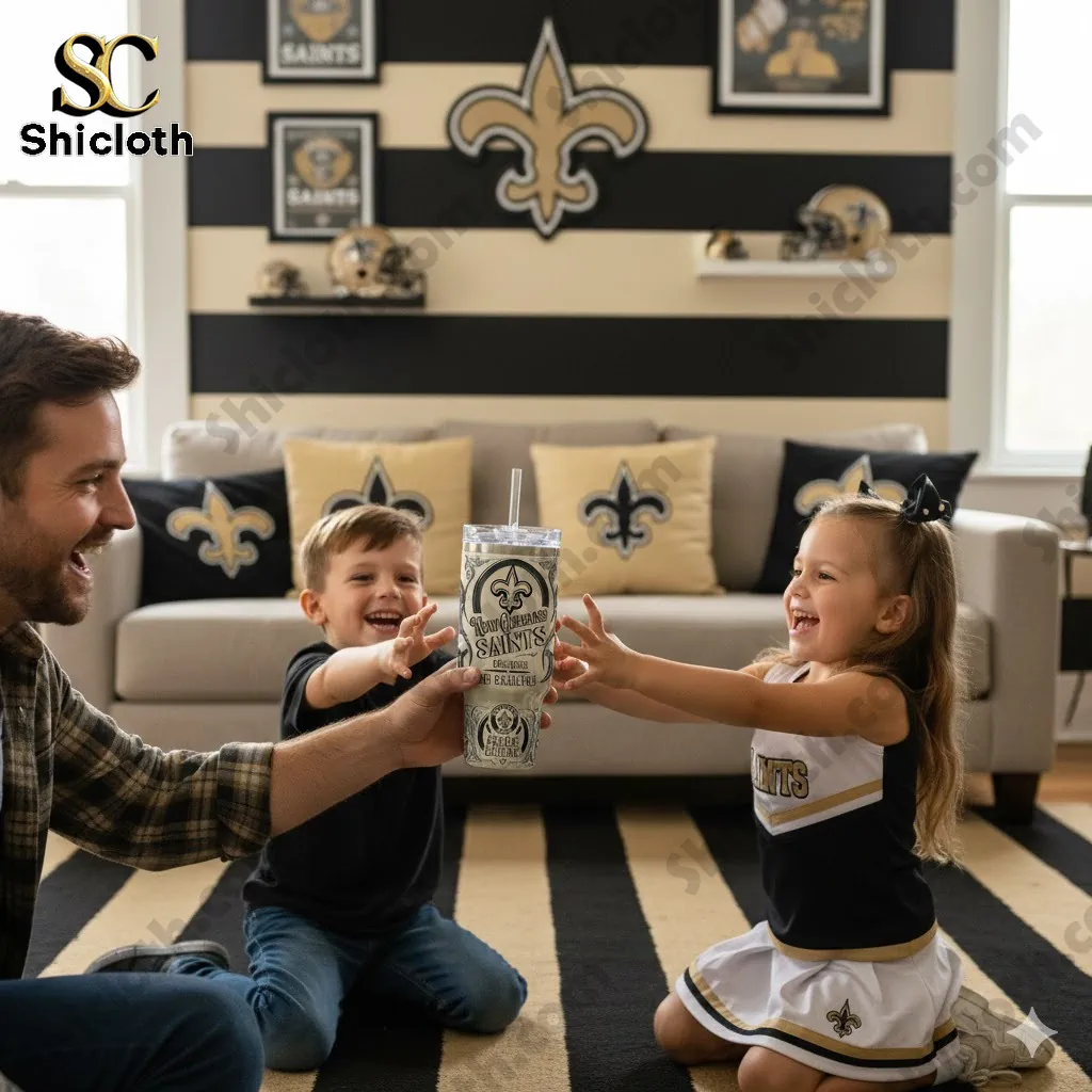 Father and two children holding New Orleans Saints Geaux Saints tumbler in Saints themed living room!