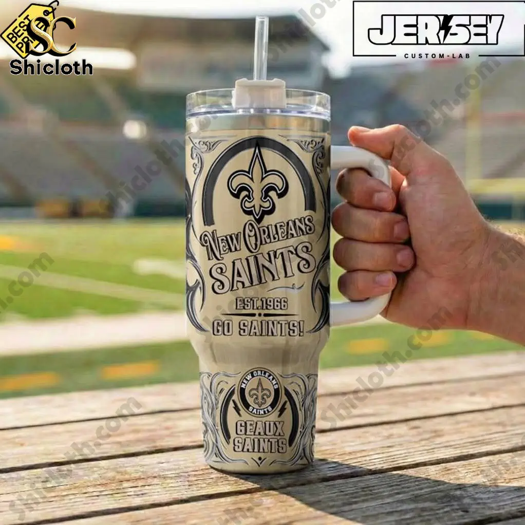 Close up of New Orleans Saints Geaux Saints tumbler held at football stadium!