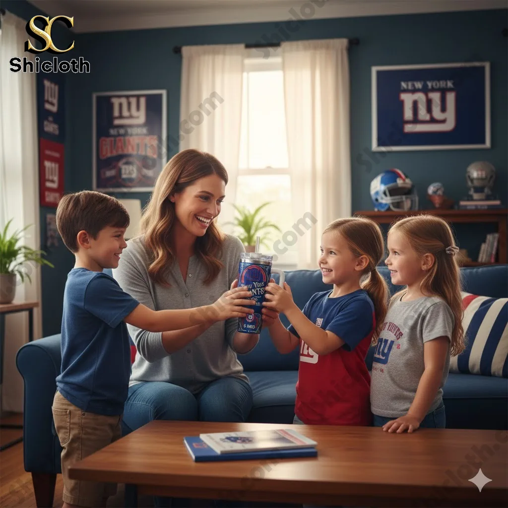 Mother and three children holding New York Giants G Men tumbler in living room with team decor by Shicloth