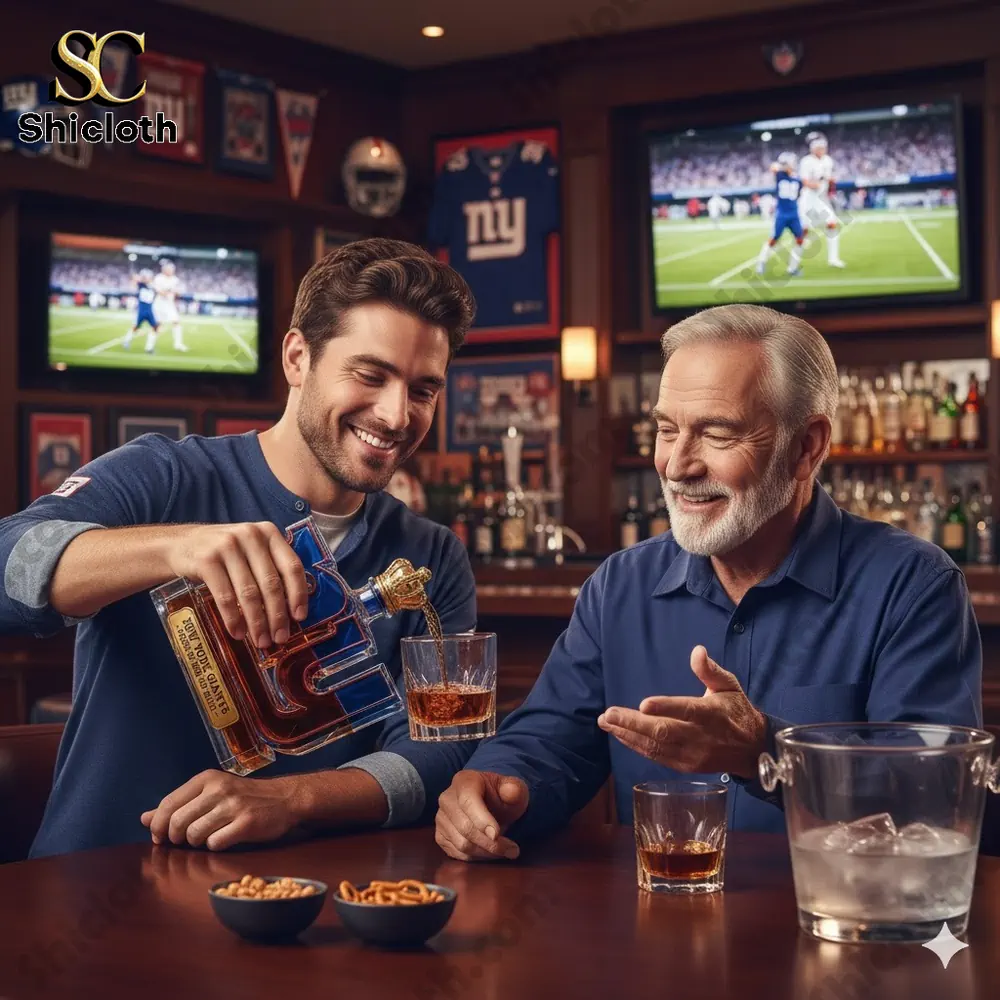 Man pouring drink from New York Giants themed whiskey bottle in sports bar!