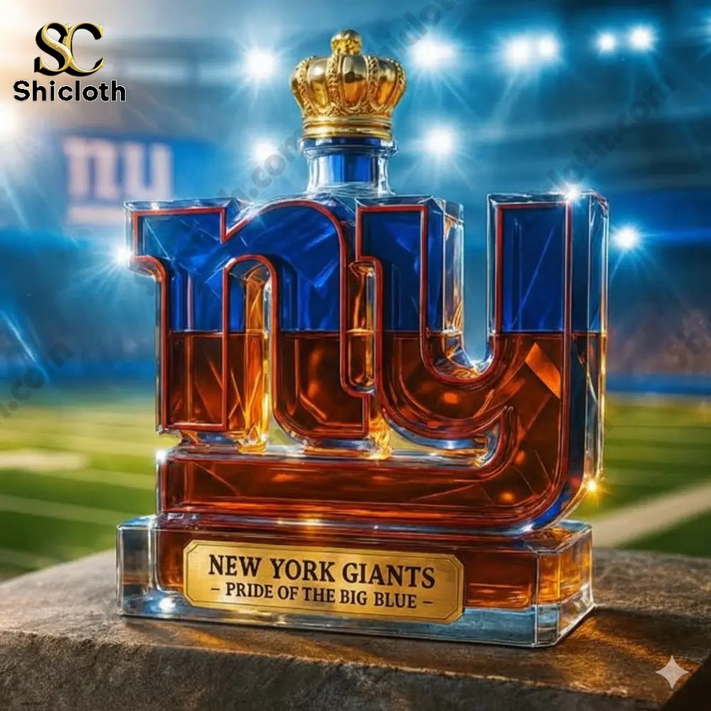 Close view of New York Giants themed whiskey bottle with crown top!