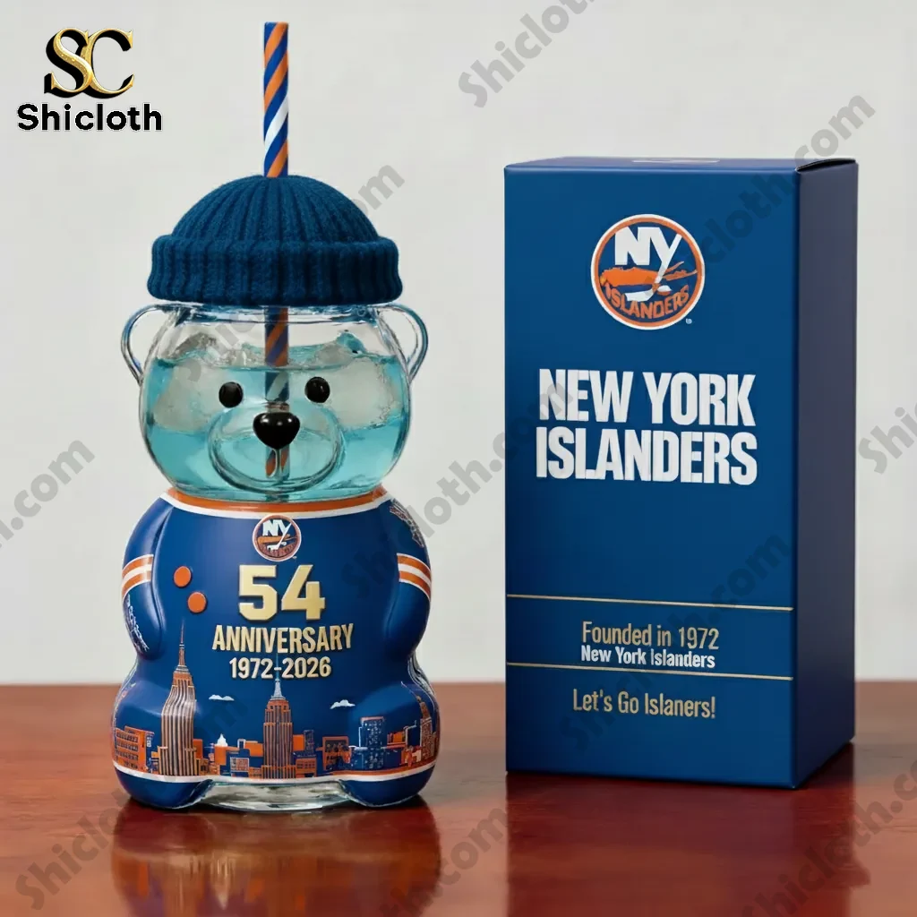 Close up of New York Islanders anniversary bear tumbler placed beside its matching blue gift box!
