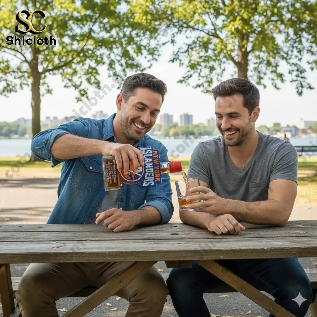 Two men pouring whiskey from a New York Islanders bottle at a picnic table!
