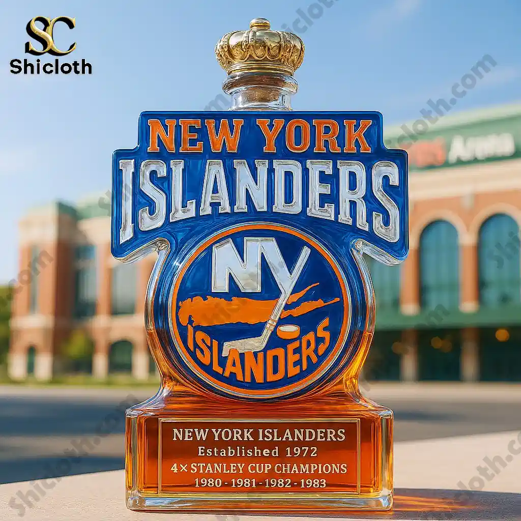 New York Islanders whiskey bottle with gold crown cap displayed outdoors!