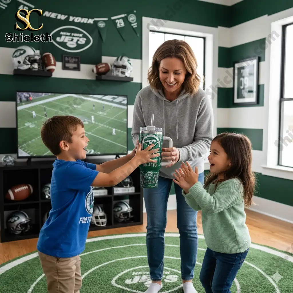 Family celebrating with New York Jets Go Jets Special YETI Tumbler in Jets themed room!