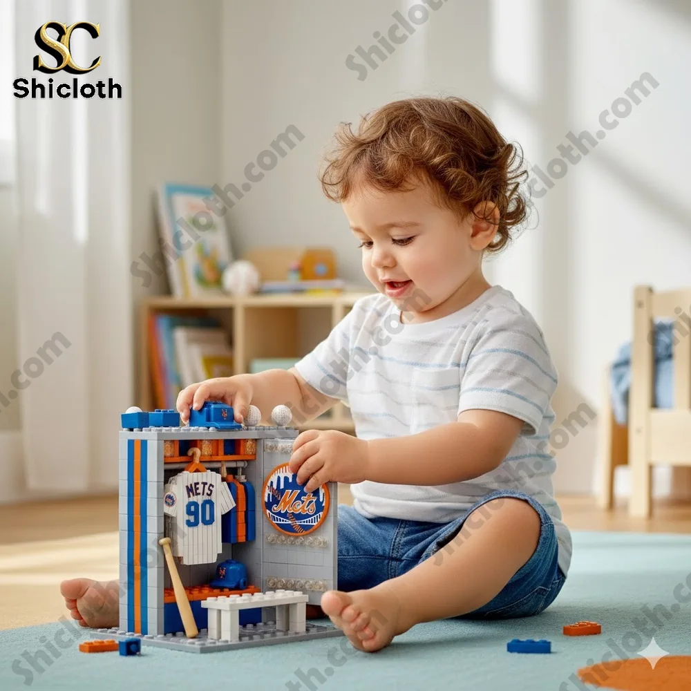 Toddler playing with a Mets themed building toy set on the floor!
