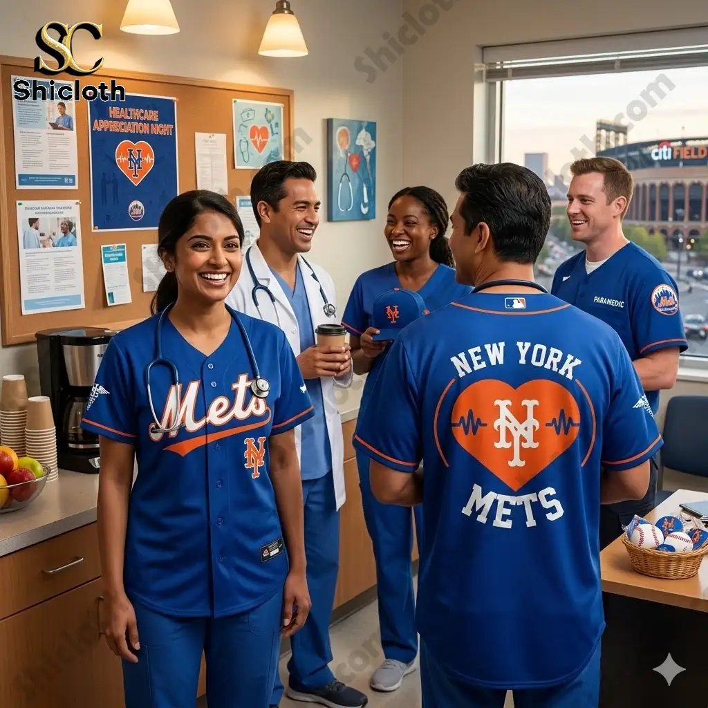 Healthcare staff wearing New York Mets Healthcare Appreciation Night jerseys in hospital break room