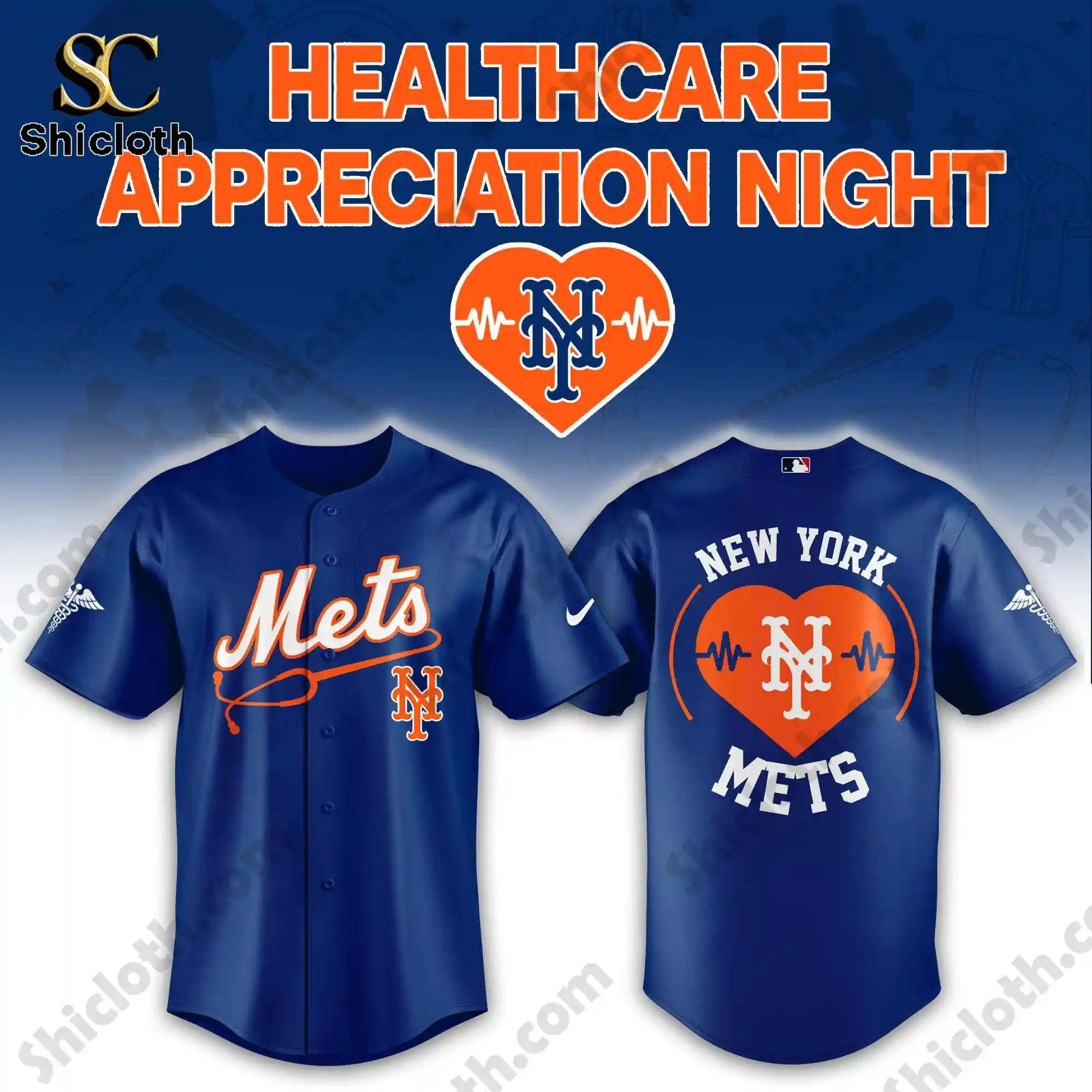 Front and back design of blue New York Mets Healthcare Appreciation Night jersey