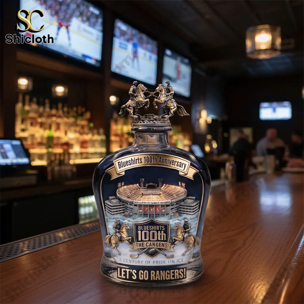 Blueshirts 100th Anniversary whiskey bottle displayed on a sports bar counter!