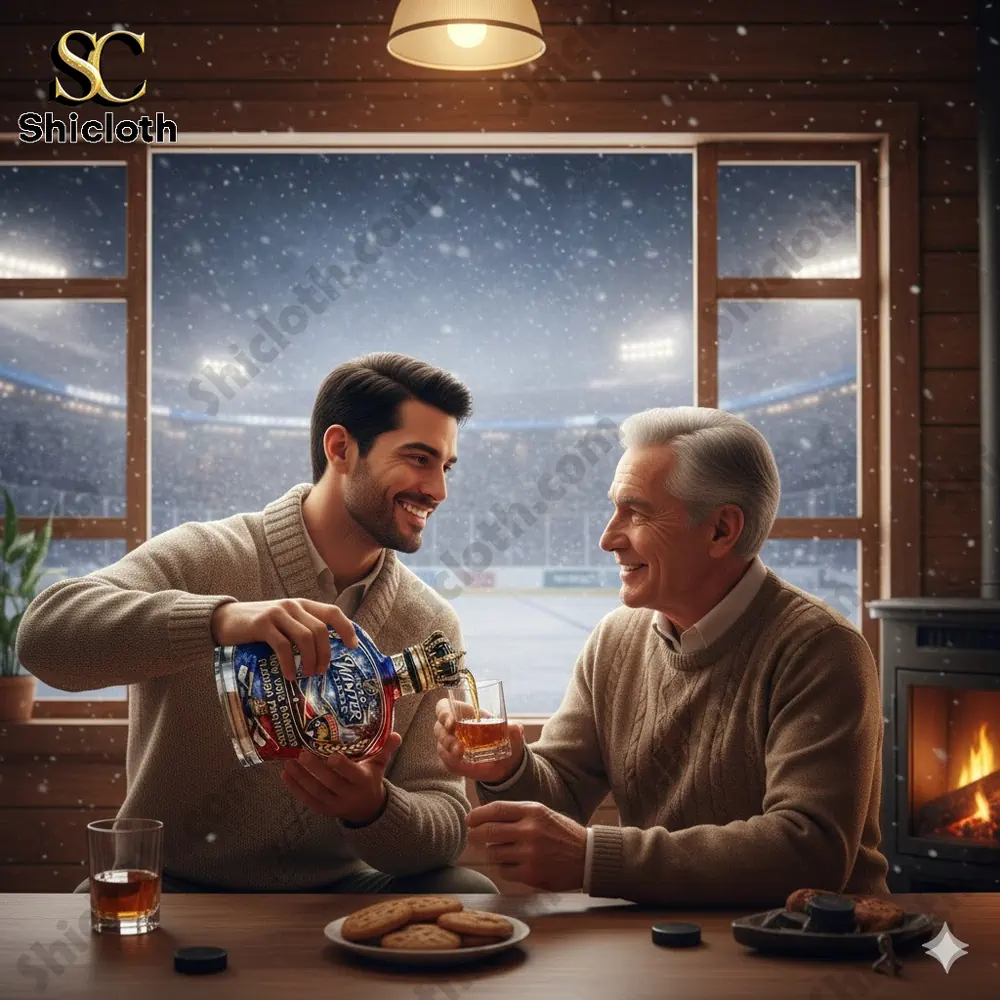 Man pouring drink from hockey themed whiskey bottle in snowy cabin setting!