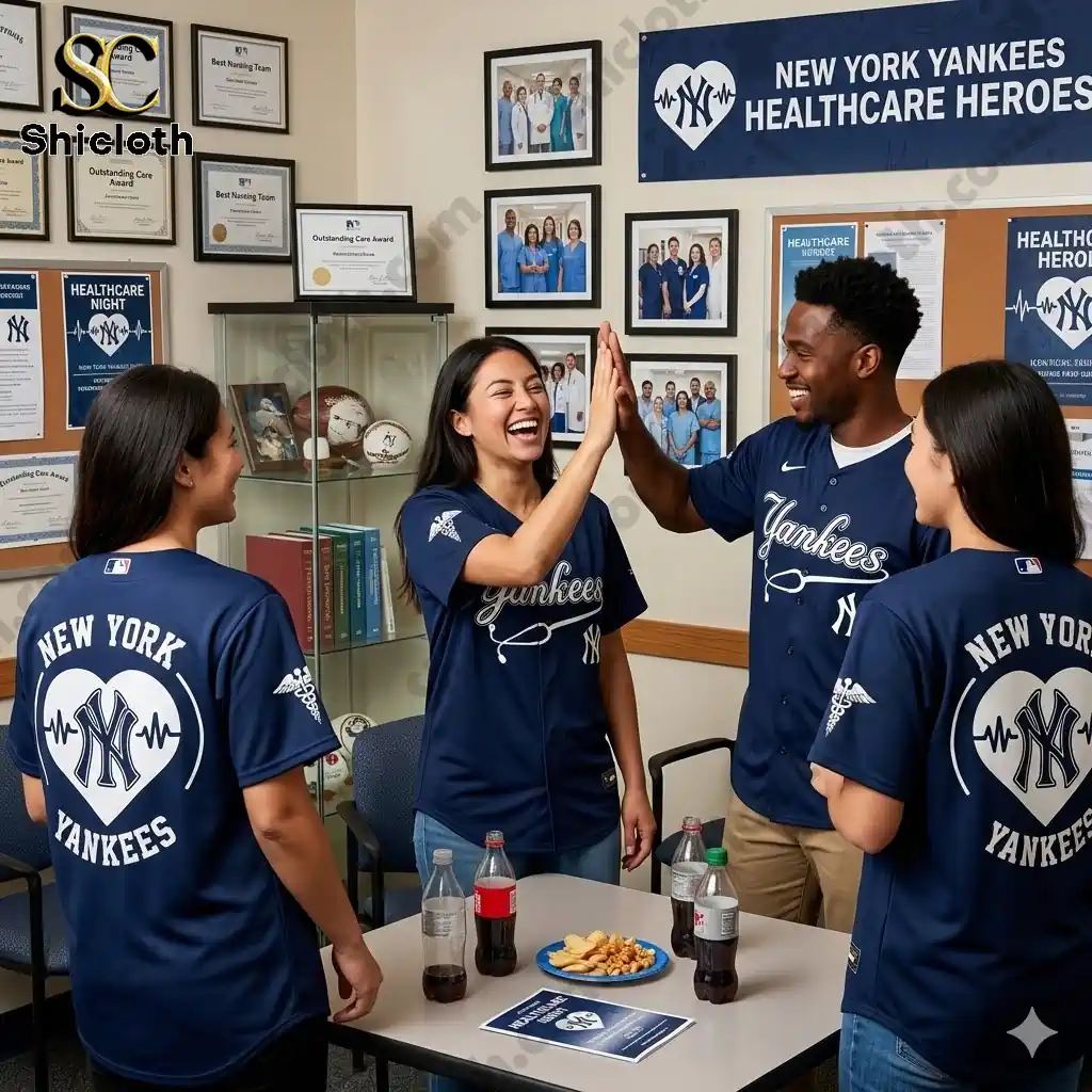 Four people wearing New York Yankees Healthcare Appreciation Night jerseys celebrating in an office with awards and banner!