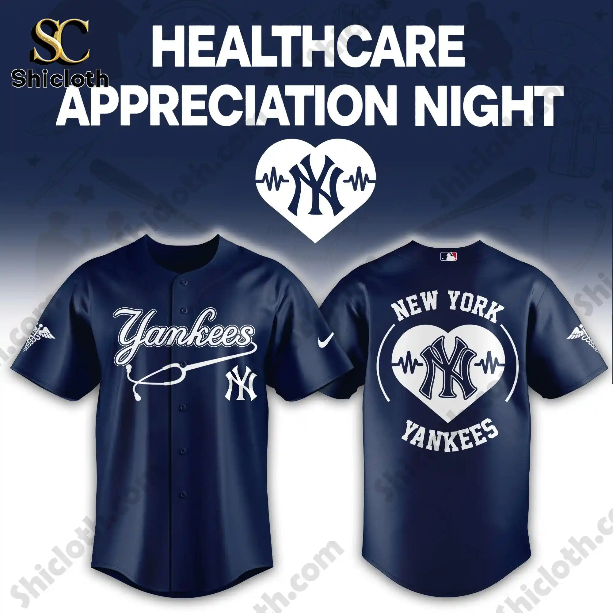Front and back view of navy New York Yankees Healthcare Appreciation Night Limited Edition Jersey 2026 with heart pulse logo!