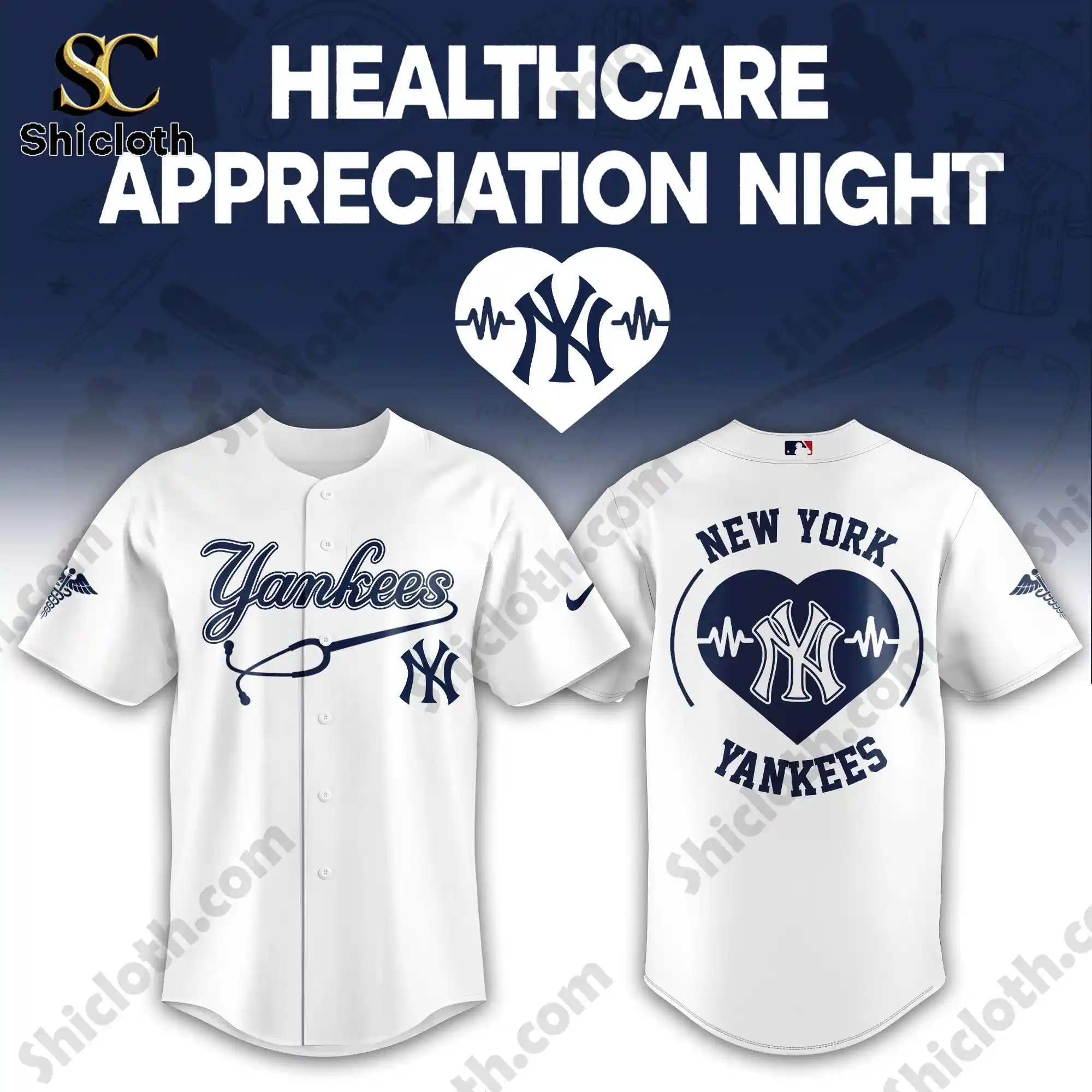 New York Yankees Healthcare Appreciation Night Limited Edition Jersey 2026 3 Front and back view of white New York Yankees Healthcare Appreciation Night Limited Edition Jersey 2026 with heart pulse design!