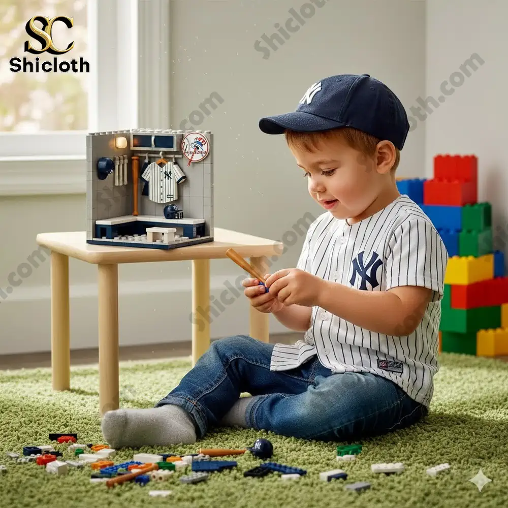 Toddler playing with a Yankees themed brick baseball locker diorama!
