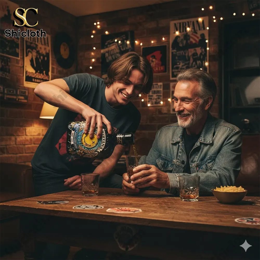 Two men sharing whiskey with a Nirvana themed decanter in a cozy music room!
