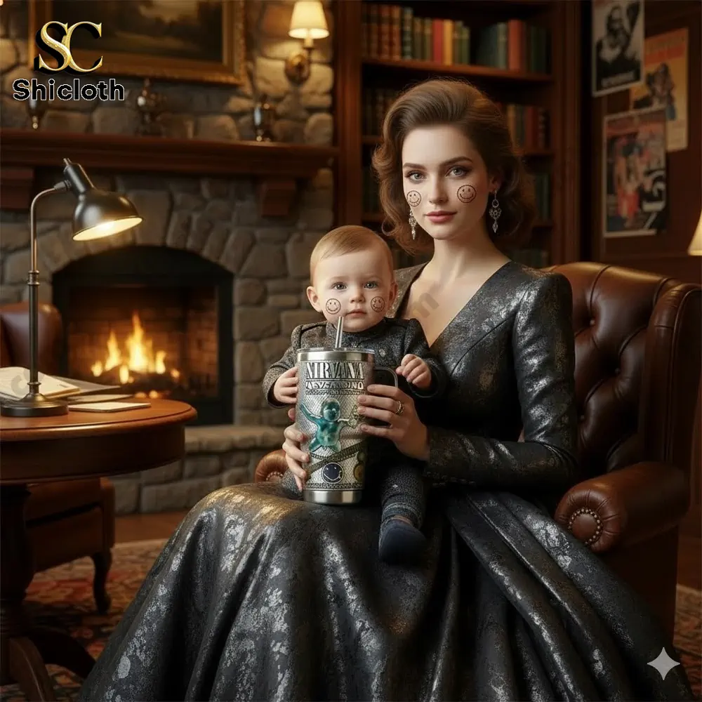 Mother holding baby with music themed tumbler in cozy study room!