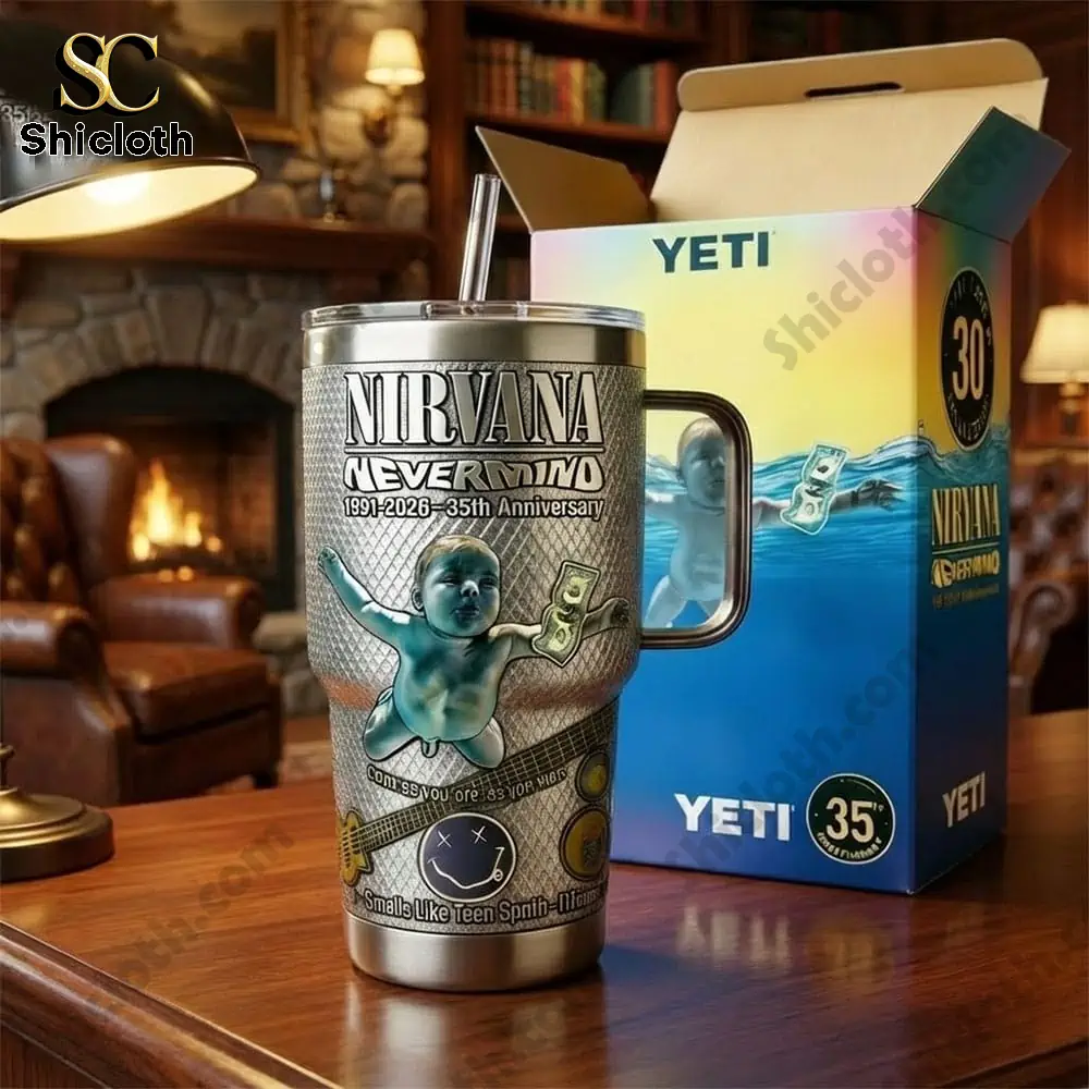 Music themed insulated tumbler displayed on wooden table with box!