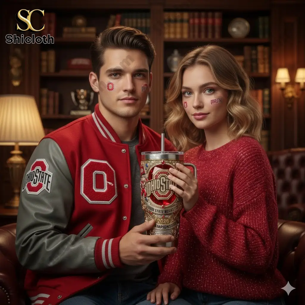 Oregon Ducks 131st Anniversary Tribute Tumbler 61 Ohio State couple holding a 2026 Championship Yeti tumbler with handle in a cozy library setting.