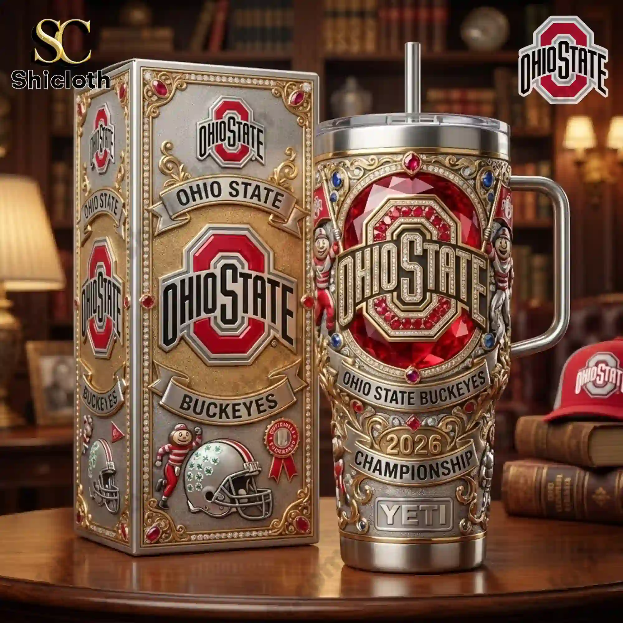 Ohio State Buckeyes 2026 Championship Yeti tumbler with handle displayed next to its matching gift box.