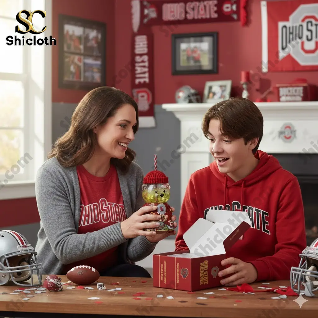 Ohio State Buckeyes fan gift scene with bear cup and red box.
