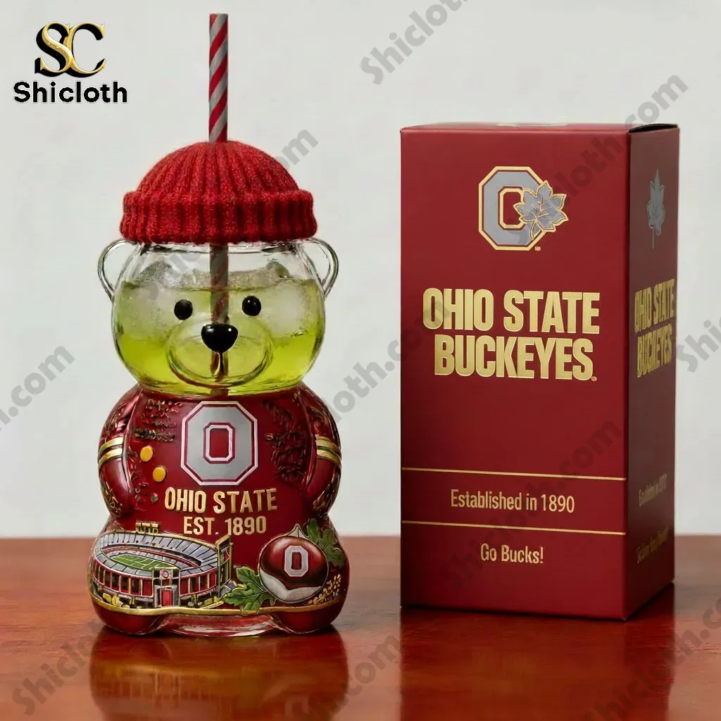Ohio State Buckeyes bear shaped cup with red hat beside gift box.