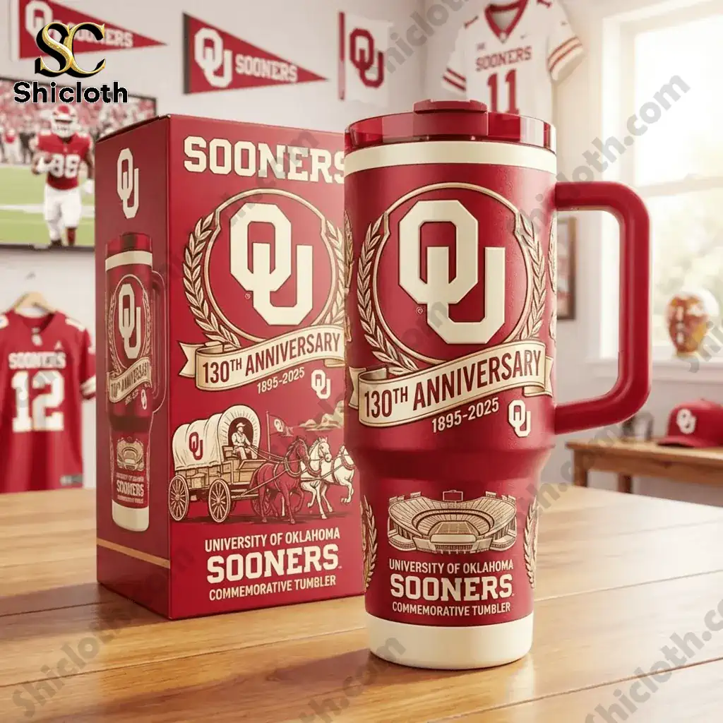 Oklahoma Sooners 130th Anniversary commemorative tumbler with product box on a table!