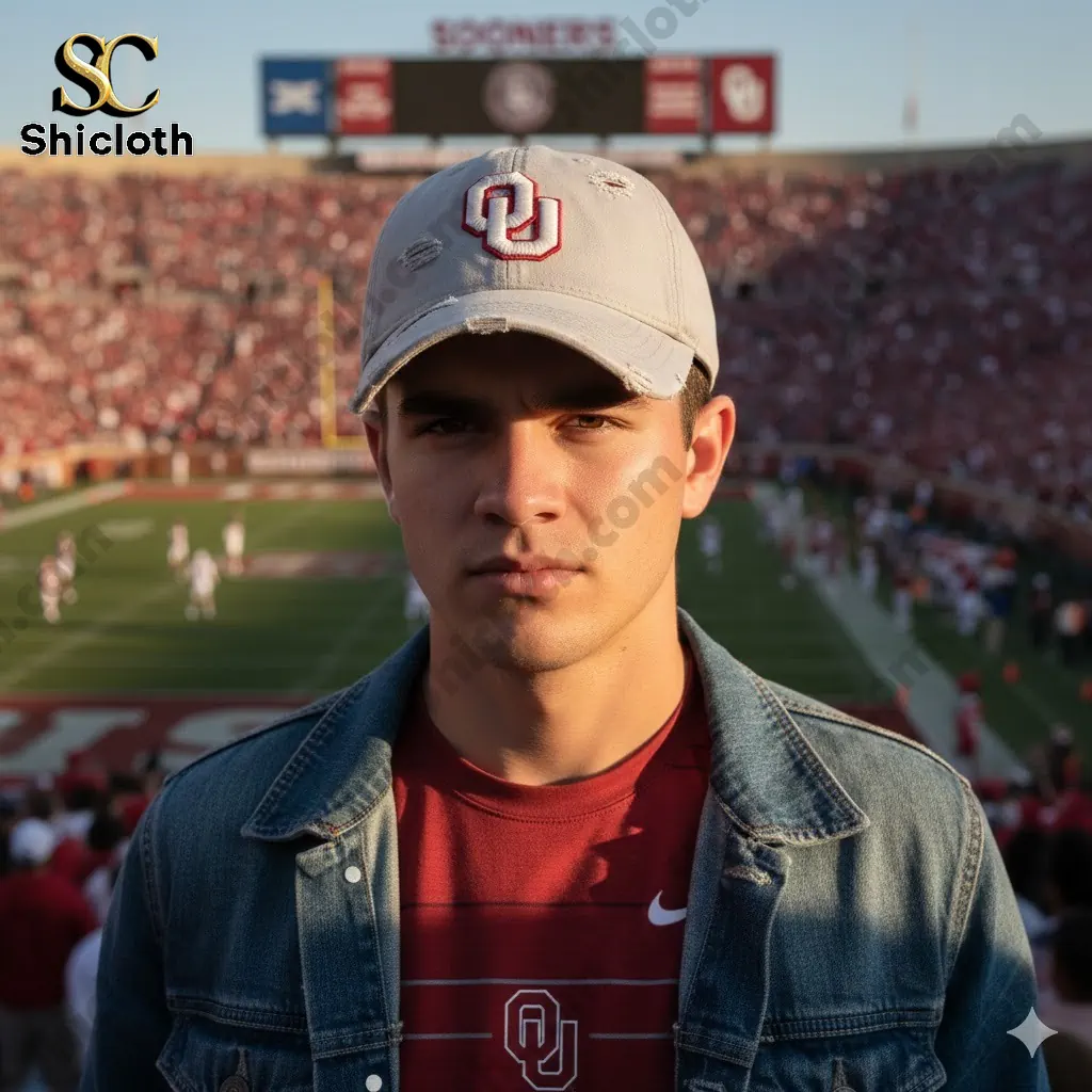 Young man wearing Oklahoma Sooners cap at football stadium!
